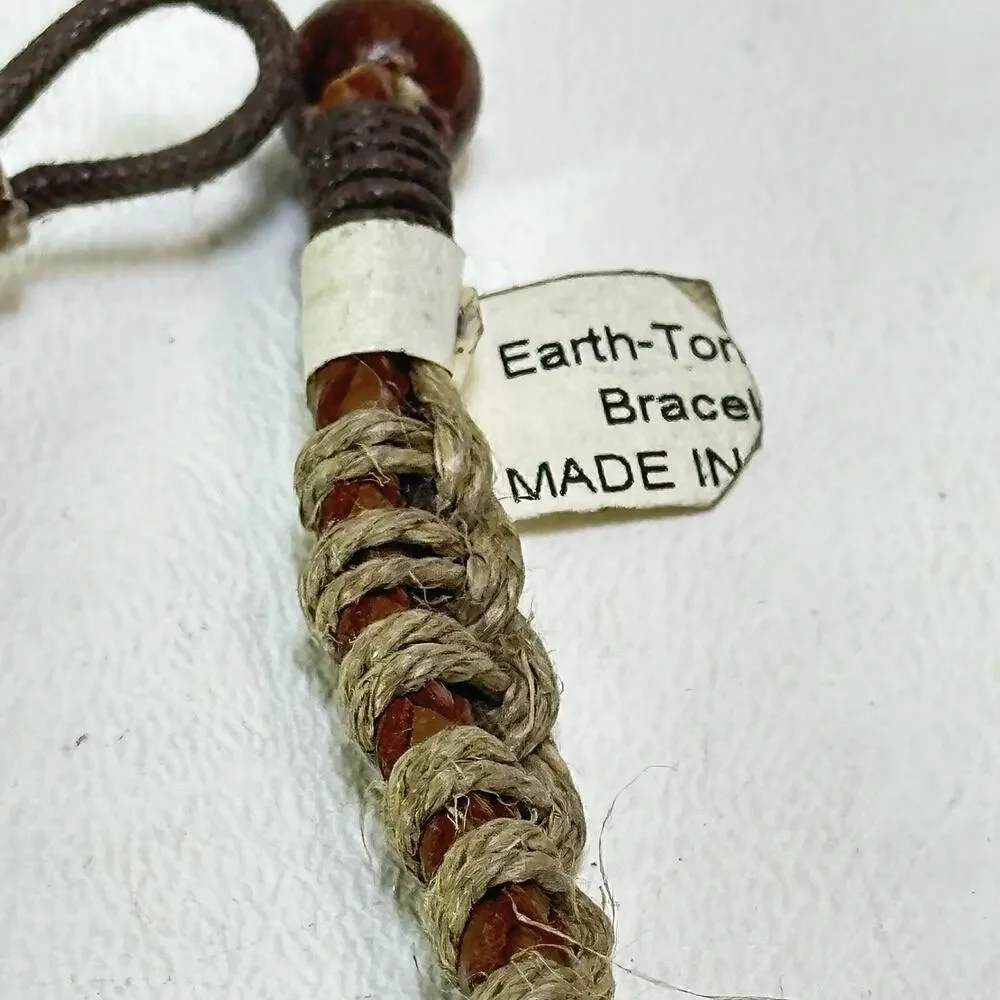 Vtg Jute Leather Loop Beaded Bracelet Earth Tone Brown Tan Handmade Beach Boho
